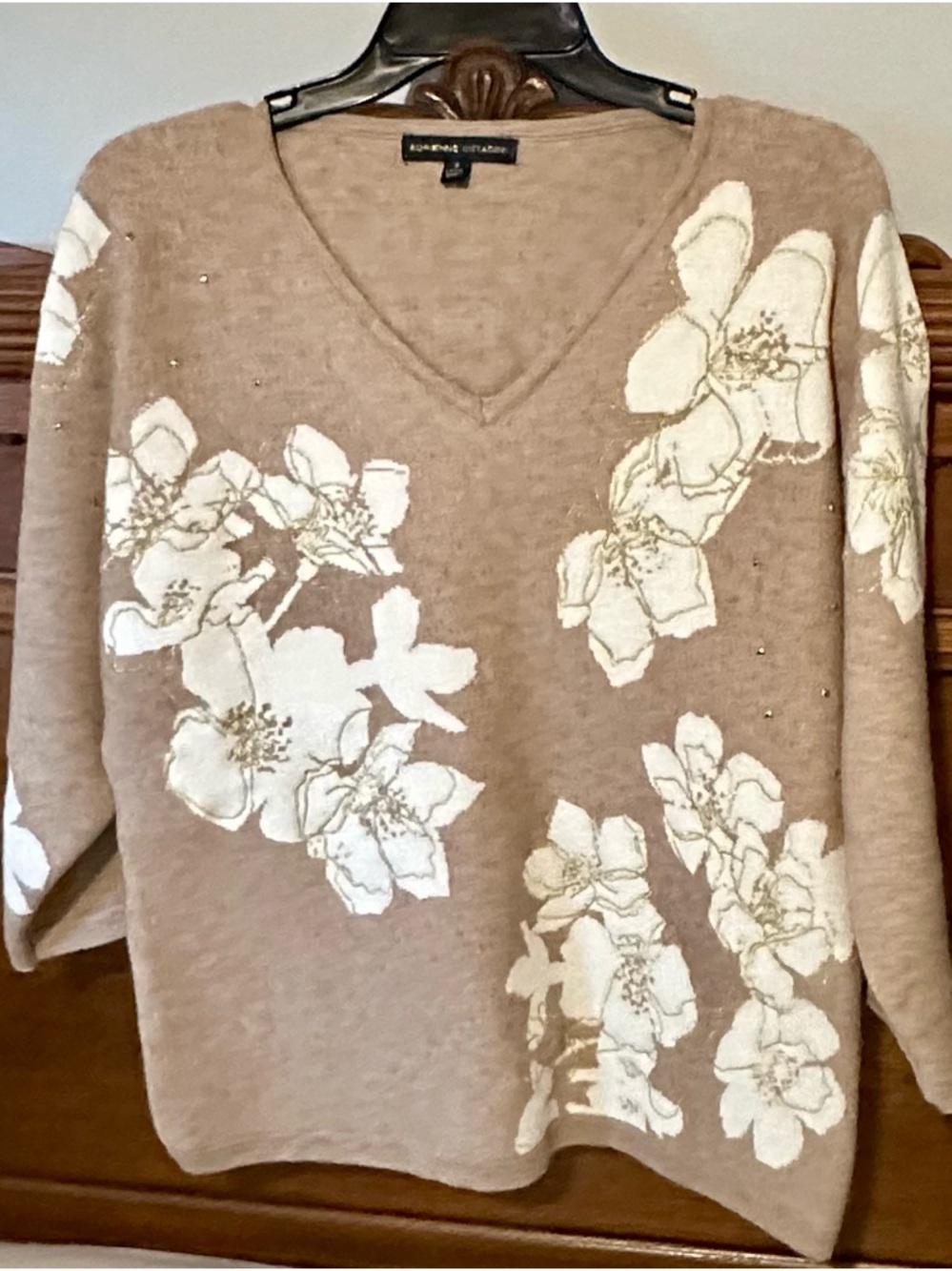 Adrienne Vittadini Taupe V-Neck Sweater with White Floral Appliqué